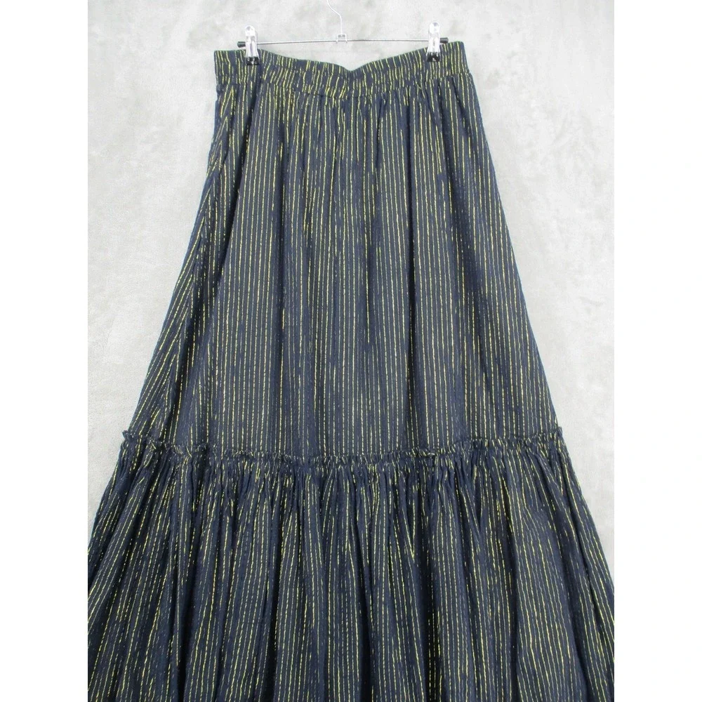 Boden Skirt Womens 10 Maxi Navy Gold Stripe Tiered Broomstick Lined Pull On Boho - Picture 3 of 10